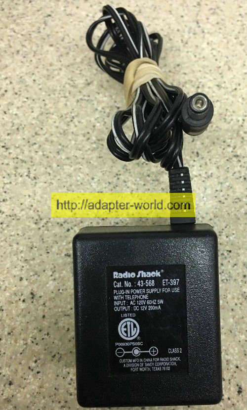 *100% Brand NEW* RADIO SHACK 43-568 ET-397 DC 12V 200mA AC Power Adapter Supply For Cordless Telephone Free sh - Click Image to Close
